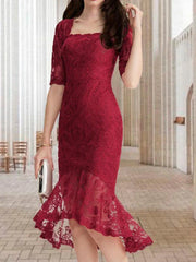 Mermaid / Trumpet Mother of the Bride Dress Vintage Elegant High Low Square Neck Asymmetrical Tea Length Lace Half Sleeve with Ruffles Appliques