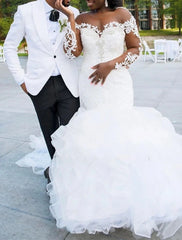 Wholesale Engagement Plus Size Curve Formal Wedding Dresses Mermaid / Trumpet Off Shoulder Long Sleeve Cathedral Train Lace Bridal Gowns With Appliques Solid Color