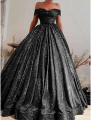 A-Line Prom Dresses Elegant Dress Black Tie Gala Court Train Short Sleeve Off Shoulder Sequined with Glitter Pleats