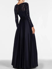 A-Line Evening Gown Elegant Black Dress Plus Size Formal Sequin Satin Dress Black Tie Floor Length Long Sleeve Off Shoulder Fall Wedding Guest with Slit Pocket 2025