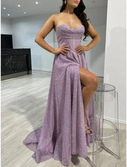 Aimishang A-Line Prom Dresses Corsets Dress Wedding Guest Wedding Party Sweep / Brush Train Sleeveless Spaghetti Strap Fall Wedding Reception Tulle with Glitter Pleats