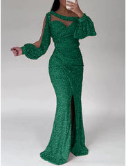 Mermaid Dress Evening Gown Champagne Gown Sparkle Sequin Dress Formal Floor Length Long Sleeve Scoop Neck with Ruched Slit