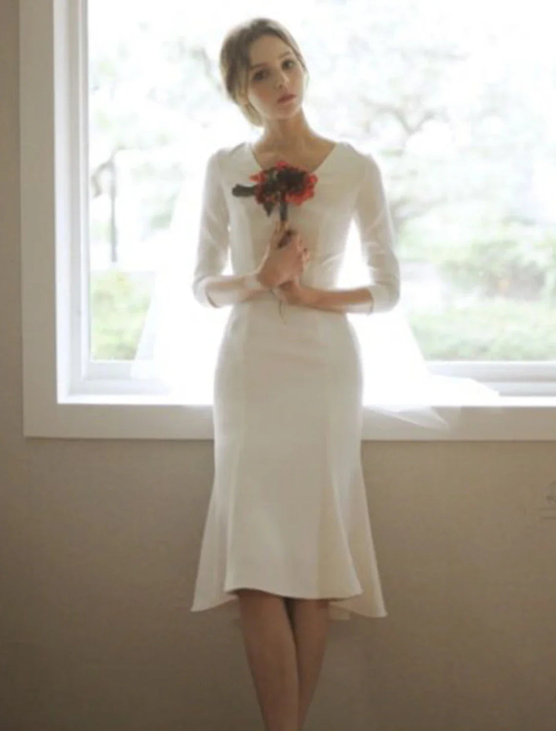 Reception Little White Dresses Fall Wedding Dresses Mermaid / Trumpet V Neck 3/4 Length Sleeve Asymmetrical Satin Bridal Gowns With