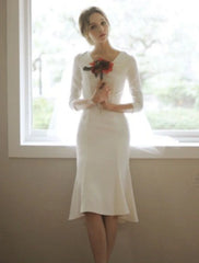 Reception Little White Dresses Fall Wedding Dresses Mermaid / Trumpet V Neck 3/4 Length Sleeve Asymmetrical Satin Bridal Gowns With