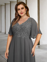Aimishang A-Line Mother of the Bride Dresses Plus Size Hide Belly Curve Elegant Dress Formal Floor Length Short Sleeve V Neck Chiffon with Pleats Appliques
