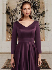A-Line Mother of the Bride Dress Plus Size Elegant V Neck Ankle Length Satin Long Sleeve with Pleats