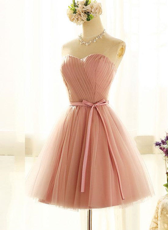 Lovely Sweetheart Short Party Dress, Pink Cute Teen Party Dress with Belt, Wedding Party Dresses
