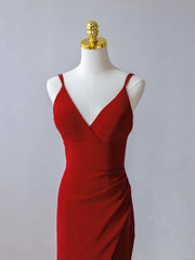 Pretty Red Mermaid Straps Long Evening Dress with Leg Slit, Red Prom Dress