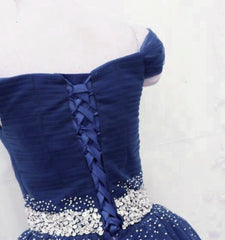 Dark Blue Beaded Tulle A-line Party Dress, Long Prom Dress