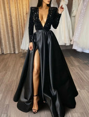 A-Line Evening Gown Red Green Dress Formal Black Dress Plus Size Wedding Court Train Half Sleeve V Neck Satin with Sequin Slit