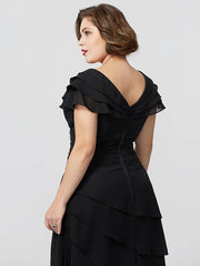 A-Line Mother of the Bride Dress Plus Size Elegant Sexy V Neck Knee Length Chiffon Short Sleeve No with Beading