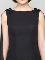 Sheath / Column Mother of the Bride Dress Wrap Included Bateau Neck Knee Length Chiffon Sleeveless yes with Crystals