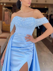 A-Line Prom Dresses Elegant Dress Formal Prom Sweep / Brush Train Short Sleeve Off Shoulder Satin with Ruched Sequin Slit