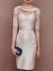 Sheath / Column Mother of the Bride Dress Wedding Guest Elegant Vintage Jewel Neck Knee Length Satin Lace Short Sleeve with Appliques