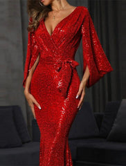 Women's Cocktail Party Dress New Year's Eve Dress Homecoming Dress Wedding Guest Dress Sequin Dress Long Dress Maxi Dress Red Long Sleeve Lace up