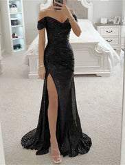 Mermaid / Trumpet Prom Dresses Sparkle Dress Formal Evening Party Sweep / Brush Train Sleeveless Cowl Neck Sequined with Ruched Sequin Slit