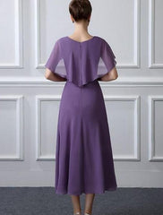 A-Line Mother of the Bride Dress Plus Size Bateau Neck Tea Length Chiffon Short Sleeve with Ruffles Crystal Brooch Ruching