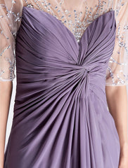 A-Line Mother of the Bride Dress Elegant Scoop Neck Floor Length Chiffon Half Sleeve No with Criss Cross Beading
