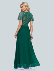 A-Line  Evening Gown Elegant Dress Floor Length Short Sleeve V Neck Sequined