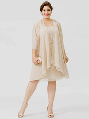 Sheath / Column Mother of the Bride Dress Plus Size Elegant Straps Knee Length Chiffon Sheer Lace Sleeveless yes with Criss Cross