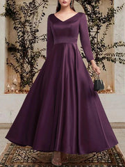 A-Line Mother of the Bride Dress Plus Size Elegant V Neck Ankle Length Satin Long Sleeve with Pleats