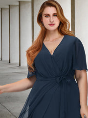 A-Line Plus Size Curve Mother of the Bride Dresses Elegant Dress Formal Asymmetrical Short Sleeve V Neck Chiffon with Bow(s)