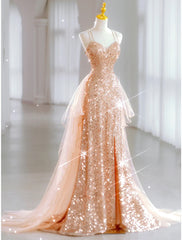 A-Line Prom Dresses Sparkle & Shine Dress Wedding Guest Sweet 16 Floor Length Sleeveless Sweetheart Tulle with Sequin