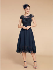 A-Line Mother of the Bride Dress Formal Wedding Guest Elegant Vintage Scoop Neck Tea Length Lace 3/4 Length Sleeve with Sequin Appliques