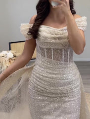 Sheath / Column Prom Dresses Elegant Dress Formal Prom Floor Length Short Sleeve Off Shoulder Sequined with Glitter Ruched