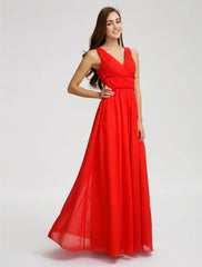 A-Line Bridesmaid Dress V Neck Sleeveless Open Back Floor Length Chiffon with Criss Cross / Draping / Side Draping