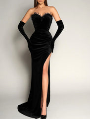 Wholesa Mermaid / Trumpet Evening Gown Vintage Dress Formal Masquerade Sweep / Brush Train Sleeveless Strapless Black Dress Velvet with Ruched Slit No With Gloves