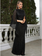 Mermaid / Trumpet Evening Gown Sparkle & Shine Dress Formal Wedding Guest Floor Length Sleeveless High Neck Sequined with Glitter Pleats