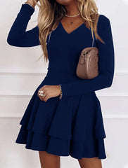A-Line Cocktail Dresses Flirty Dress Wedding Guest Homecoming Short / Mini Long Sleeve V Neck Spandex with Pleats Pure Color