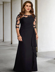Aimishang  A-Line Mother of the Bride Dresses Plus Size Hide Belly Curve Elegant Fall Wedding Guest Dress Formal Floor Length Half Sleeve Jewel Neck Chiffon with Pleats Ruched Appliques