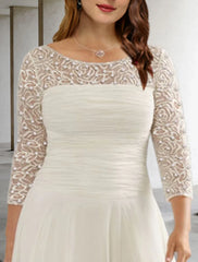 A-Line Plus Size Curve Mother of the Bride Dresses Elegant Dress Formal Wedding Guest Tea Length 3/4 Length Sleeve Jewel Neck Chiffon with Ruched Beading Sequin