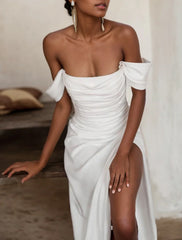 Engagement Little White Dresses Simple Wedding Dresses Sheath / Column Off Shoulder Sleeveless Sweep / Brush Train Satin Bridal Gowns With Ruched Split Front
