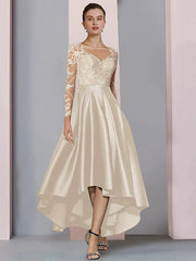 DingjiA-Line Mother of the Bride Dress Wedding Guest Elegant High Low Scoop Neck Asymmetrical Tea Length Satin Lace Long Sleeve with Pleats Beading Appliques