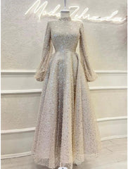 A-Line Evening Gown Elegant Dress Formal Ankle Length Long Sleeve High Neck Sequined with Glitter Pleats