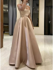 A-Line Evening Gown Princess Dress Formal Floor Length Long Sleeve Sweetheart Satin with Pleats Ruched Beading