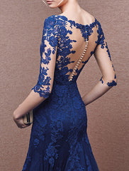 Mermaid / Trumpet Evening Gown Elegant Dress Formal Wedding Guest Floor Length Half Sleeve V Neck Tulle with Buttons Appliques