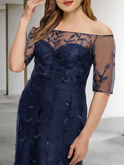 A-Line Plus Size Curve Mother of the Bride Dresses Plus Size Dress Formal Floor Length Half Sleeve Off Shoulder Tulle with Sequin Embroidery
