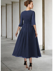 DingjiSheath / Column Mother of the Bride Dress Simple Elegant Scoop Neck Tea Length Chiffon Half Sleeve with Sash / Ribbon Pleats