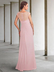 A-Line Mother of the Bride Dress Elegant Jewel Neck Floor Length Chiffon Lace Sleeveless with Pleats Appliques