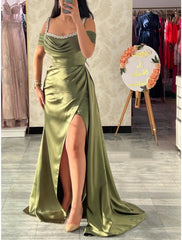 A-Line Evening Gown Elegant Dress Formal Court Train Short Christmas Red Green Dress Sleeve Square Neck Satin with Pleats Ruched Crystals