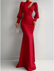 Mermaid Evening Gown Elegant Dress Formal Red Green Dress Sweep / Brush Train Long Sleeve High Neck Satin with Ruched