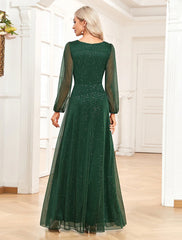 Aimishang  A-Line Evening Gown Sparkle & Shine Dress Formal Wedding Party Dress Floor Length Long Sleeve V Neck Chiffon with Sequin