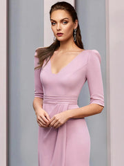 Sheath / Column Mother of the Bride Dress Wedding Guest Elegant Open Back V Neck Tea Length Stretch Fabric Half Sleeve with Ruching