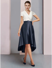 Aimishang A-Line Mother of the Bride Dress Wedding Guest Elegant Petite V Neck Asymmetrical Satin Short Sleeve with Ruching