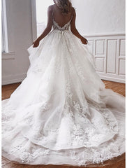 Wholesale Engagement Formal Wedding Dresses Ball Gown Sweetheart Camisole Spaghetti Strap Chapel Train Lace Bridal Gowns With Appliques