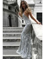 Mermaid / Trumpet Prom Dresses Sparkle & Shine Dress Formal Wedding Guest Sweep / Brush Train Sleeveless V Neck Lace with Sequin